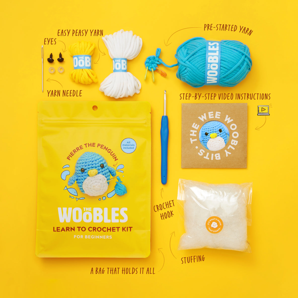 The Woobles Easy Peasy Beginner Bundle Crochet Kit (Penguin,Chick,Fox & Bunny) with Easy Peasy Yarn- All in One Crochet Knitting Kit- Crochet Kit