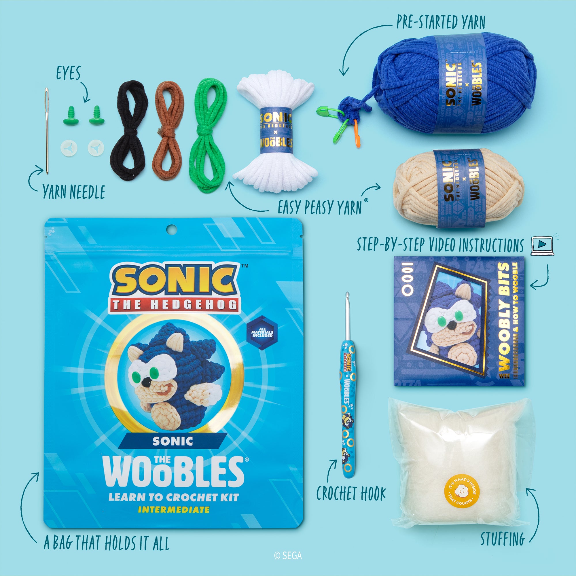 Tails dan Knuckles crochet kit bersama aksesoris Chaos Emerald - flatlay produk