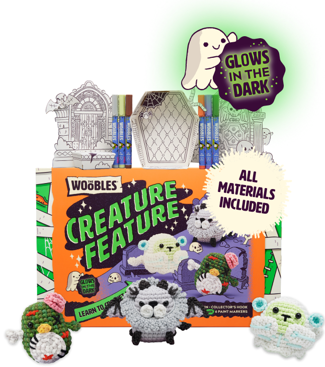 2026 Summerween Crochet Box with three glow-in-the-dark Woobles, coloring displays and paint markers