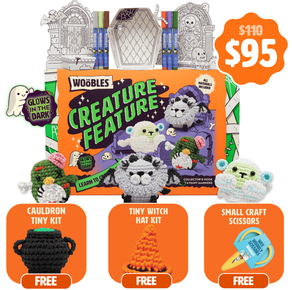 2026 Summerween Crochet Box with three glow-in-the-dark Woobles, coloring displays and paint markers