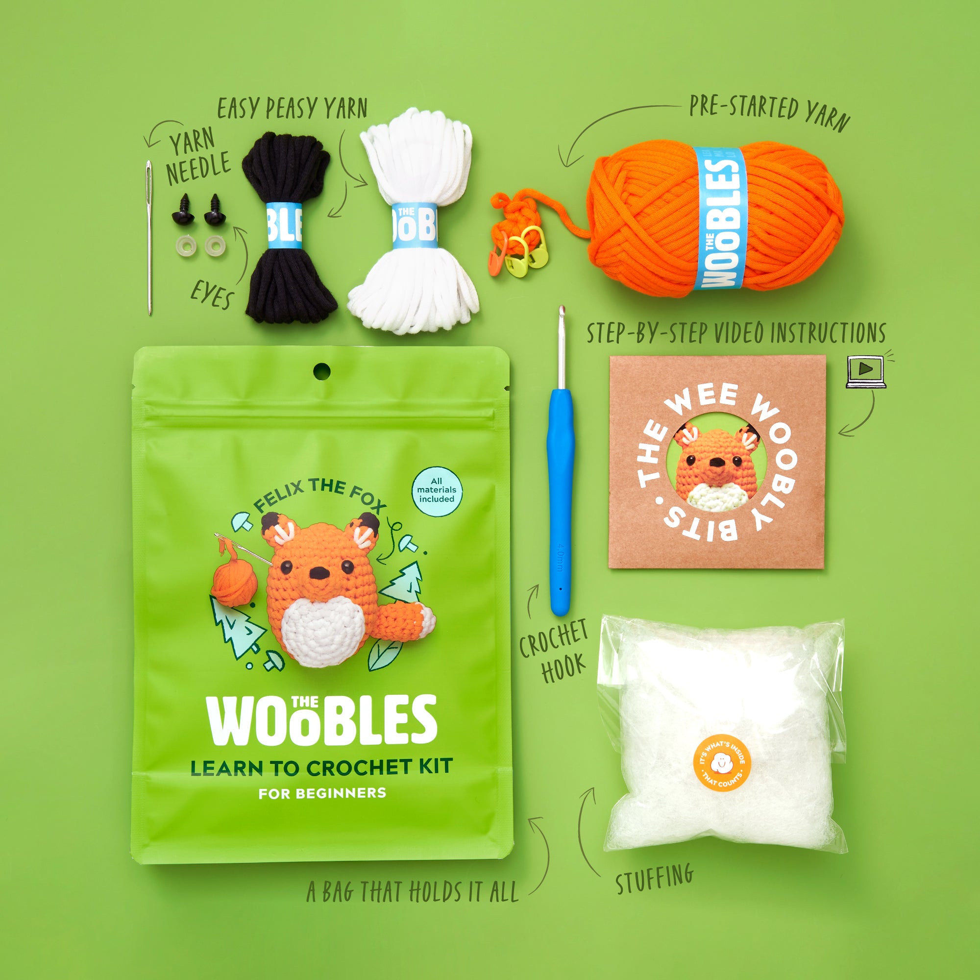 The Woobles Beginners Crochet Kit with Easy Peasy Yarn as seen on Shark  Tank - for Step-by-Step Video Tutorials Felix Fox